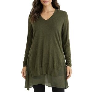 Stella Carakasi Tunic Top Olive Green V Neck Long Sleeve Knit & Chiffon Small